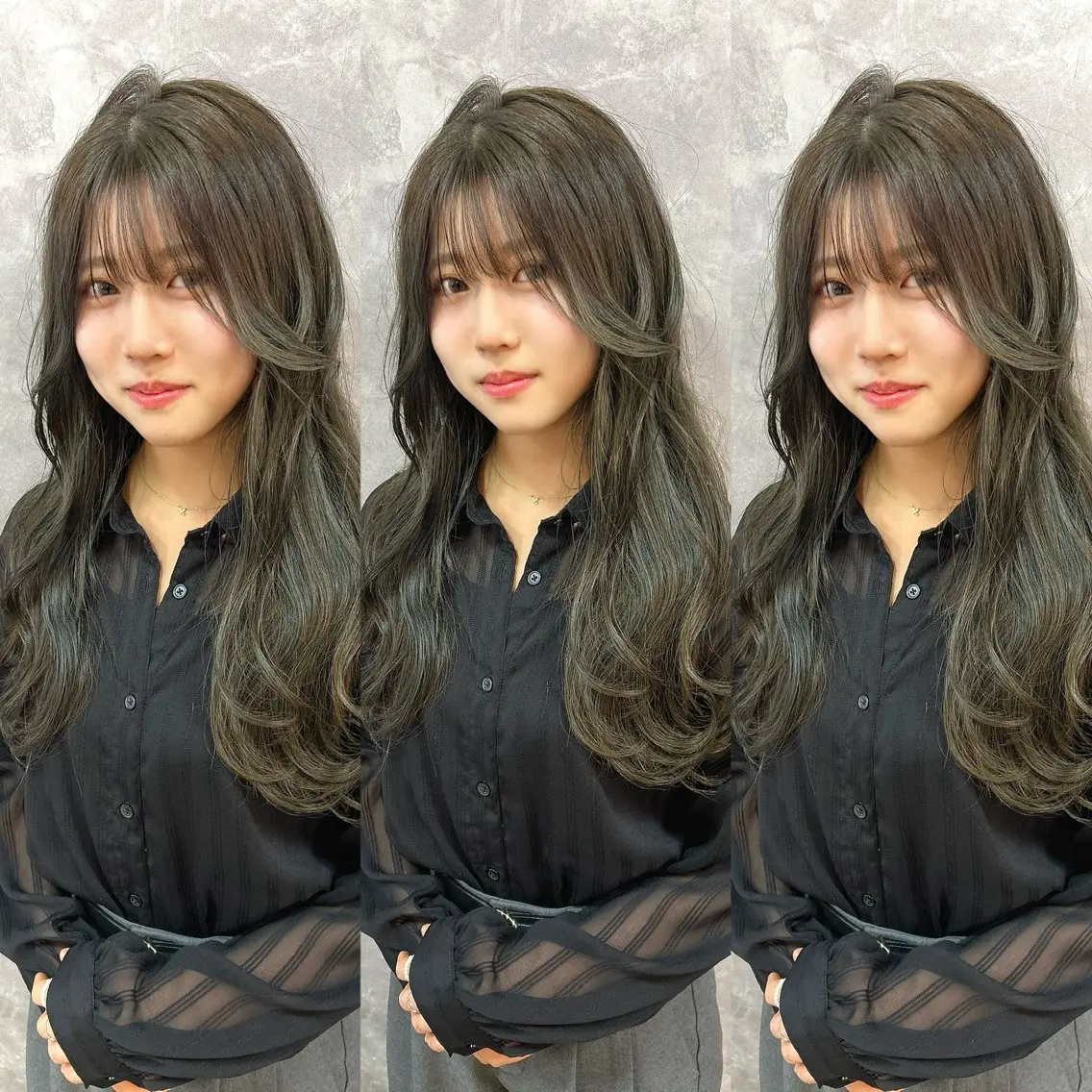 ロング カラー 韓国🇰🇷レイヤー カットオリーブカラーのヘアスタイル