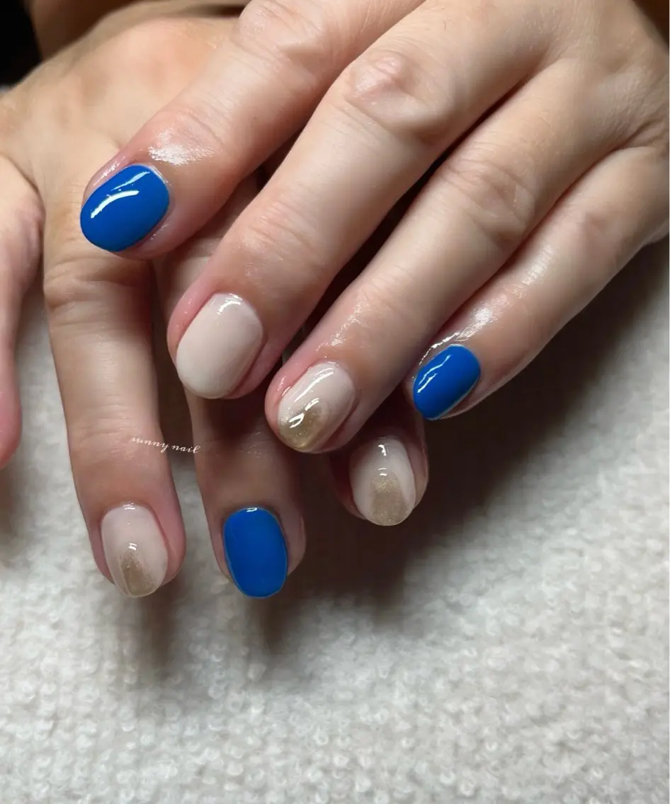 ネイル ブルー ジェルネイル ミラーネイル パラジェル sunny nailのネイルデザイン
