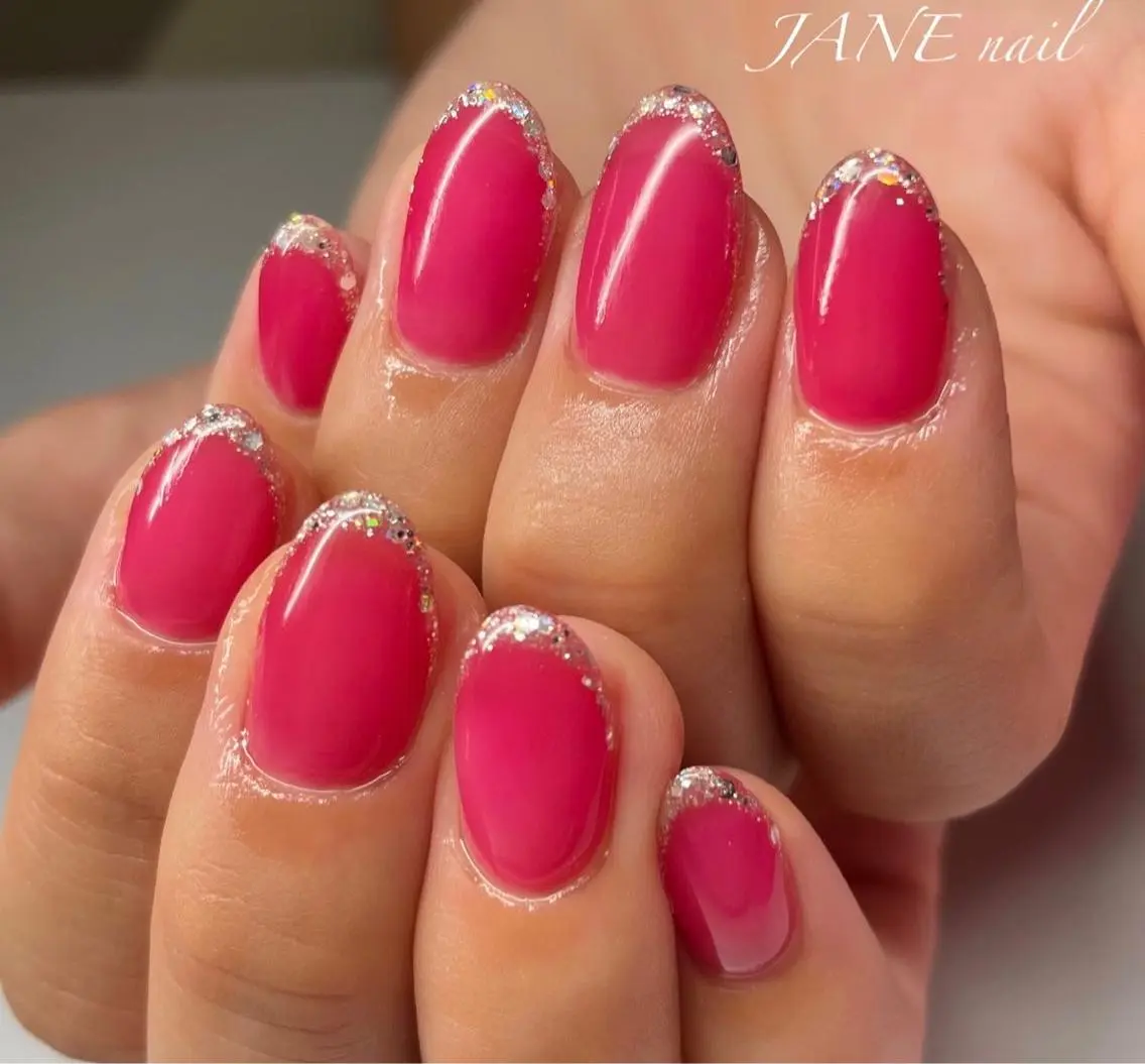 ネイル フットネイル フレンチネイル ラメ(グリッター) オフィスネイル ピンク ハンドネイル Nail Salon JANEのネイルデザイン