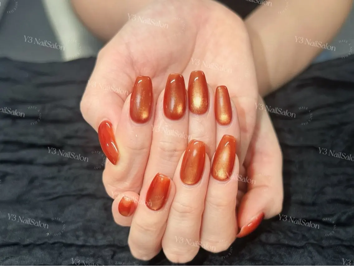 ネイル ブラウン ゴールド マグネットネイル ワンカラーネイル オレンジ ハンドネイル Y3 NailSalonのネイルデザイン