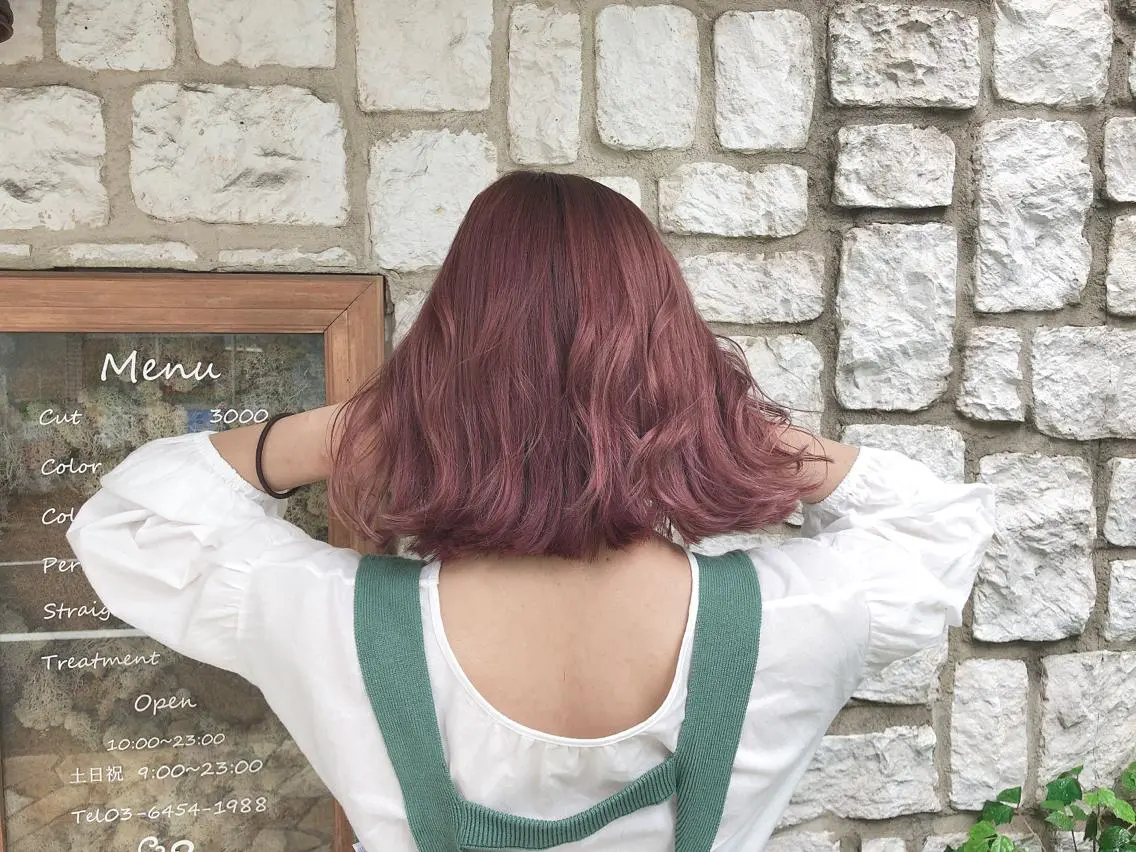 ミディアム カラー パーマ ヘアアレンジ メンズ キッズ ネイル マツエク・マツパ 切りっぱなしボブ ピンクカラー カラーマツエク ボブ ピンク カット 縮毛矯正 トリートメント 髪質改善/透明感 OAK兵庫のヘアスタイル