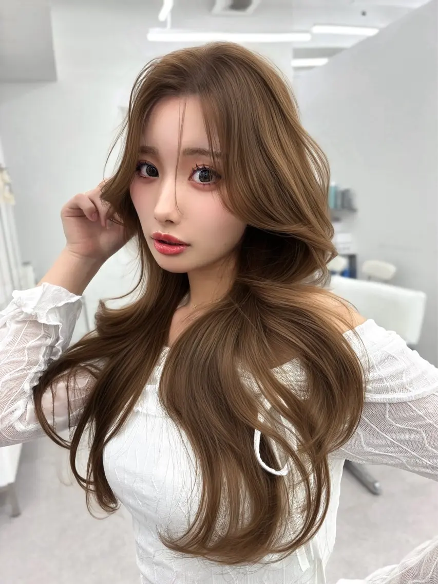 ロング カラー ベージュカラー ダブルカラー オリーブベージュ 髪質改善 韓国風ヘア カット トリートメント ヘッドスパ 盛れる顔周り✨韓国式 レイヤーkanatoのヘアスタイル