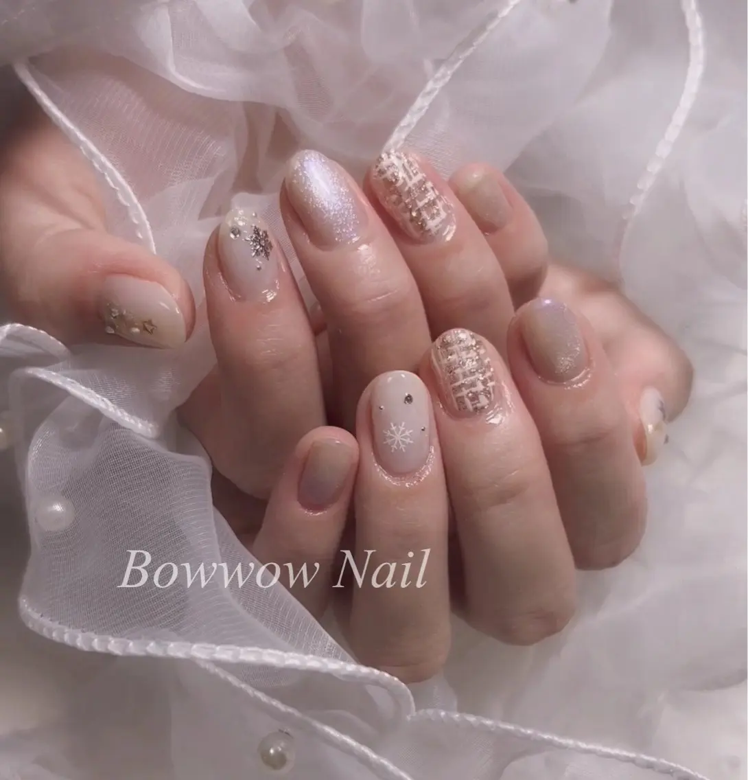 ネイル 長さ出し ツイードネイル 冬ネイル Bow wow Nail さや🧸のネイルデザイン