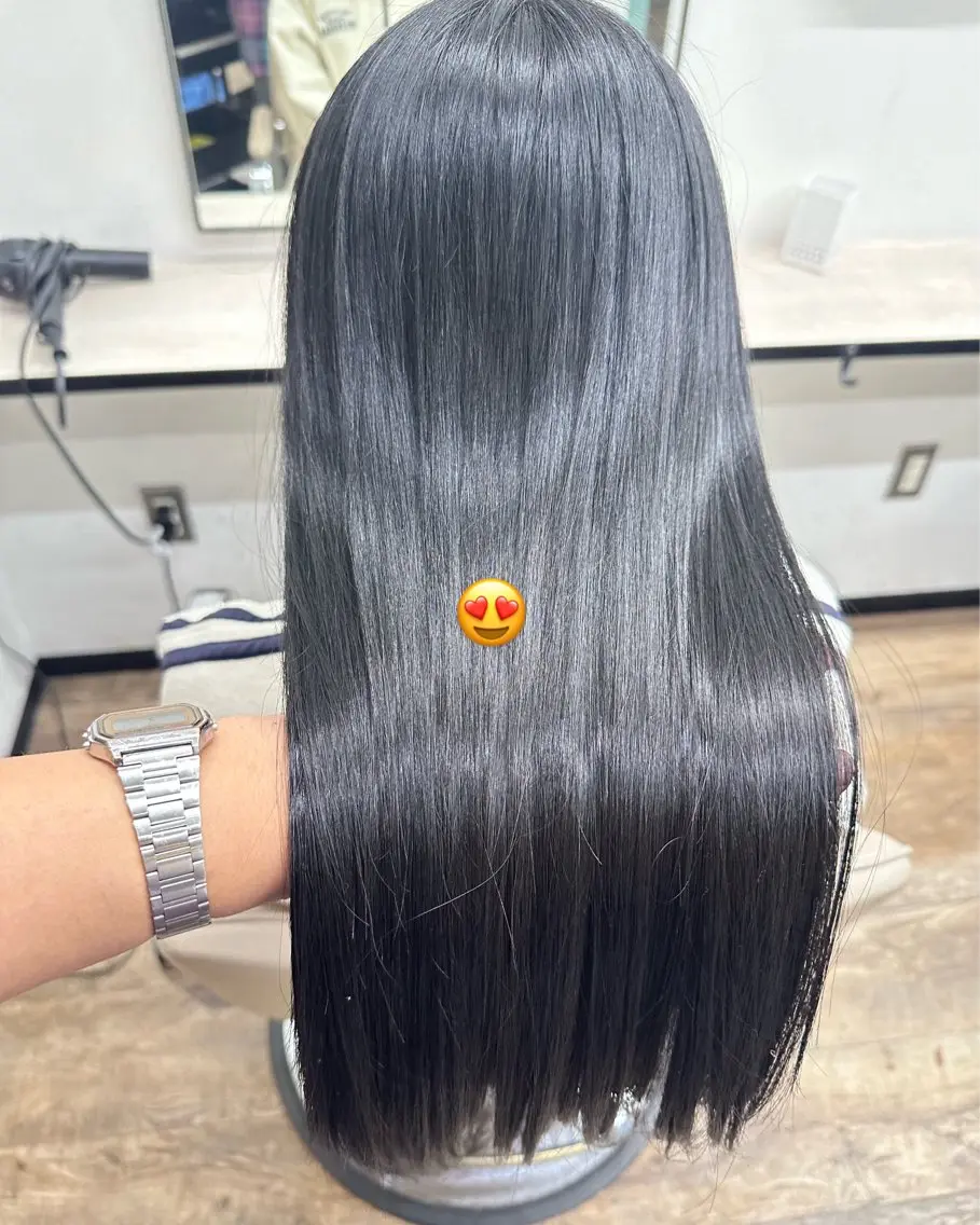 ロング カラー 黒髪 ブルーカラー ブルーブラック 髪質改善 トリートメント カット ヘアカラー トリートメント たいせい/ツヤ髪縮毛 /暖色カラー/栄のヘアスタイル