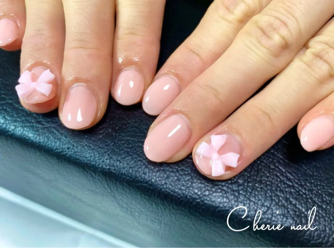 ネイル ジェルネイル ワンカラーネイル ピンク リボン Cherienail yunaのネイルデザイン