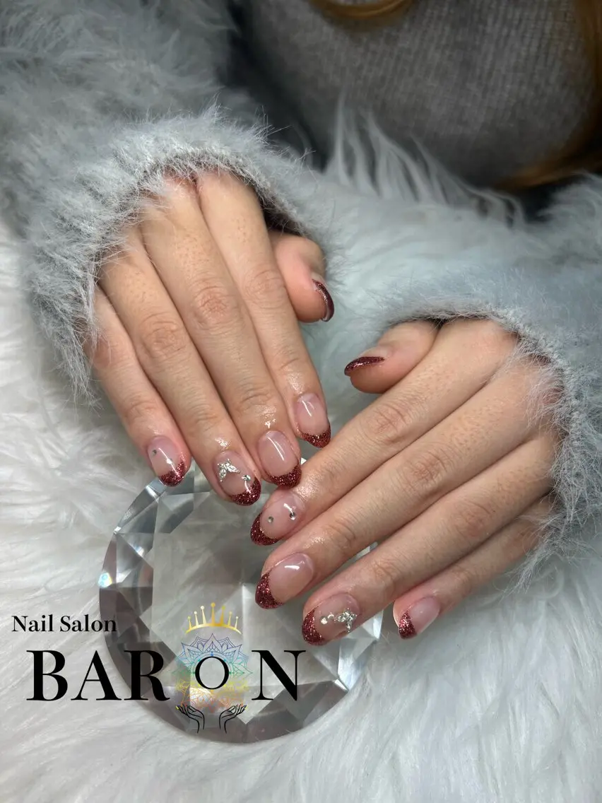 ネイル フレンチネイル ラメ(グリッター) 赤色 BARON AIMIのネイルデザイン