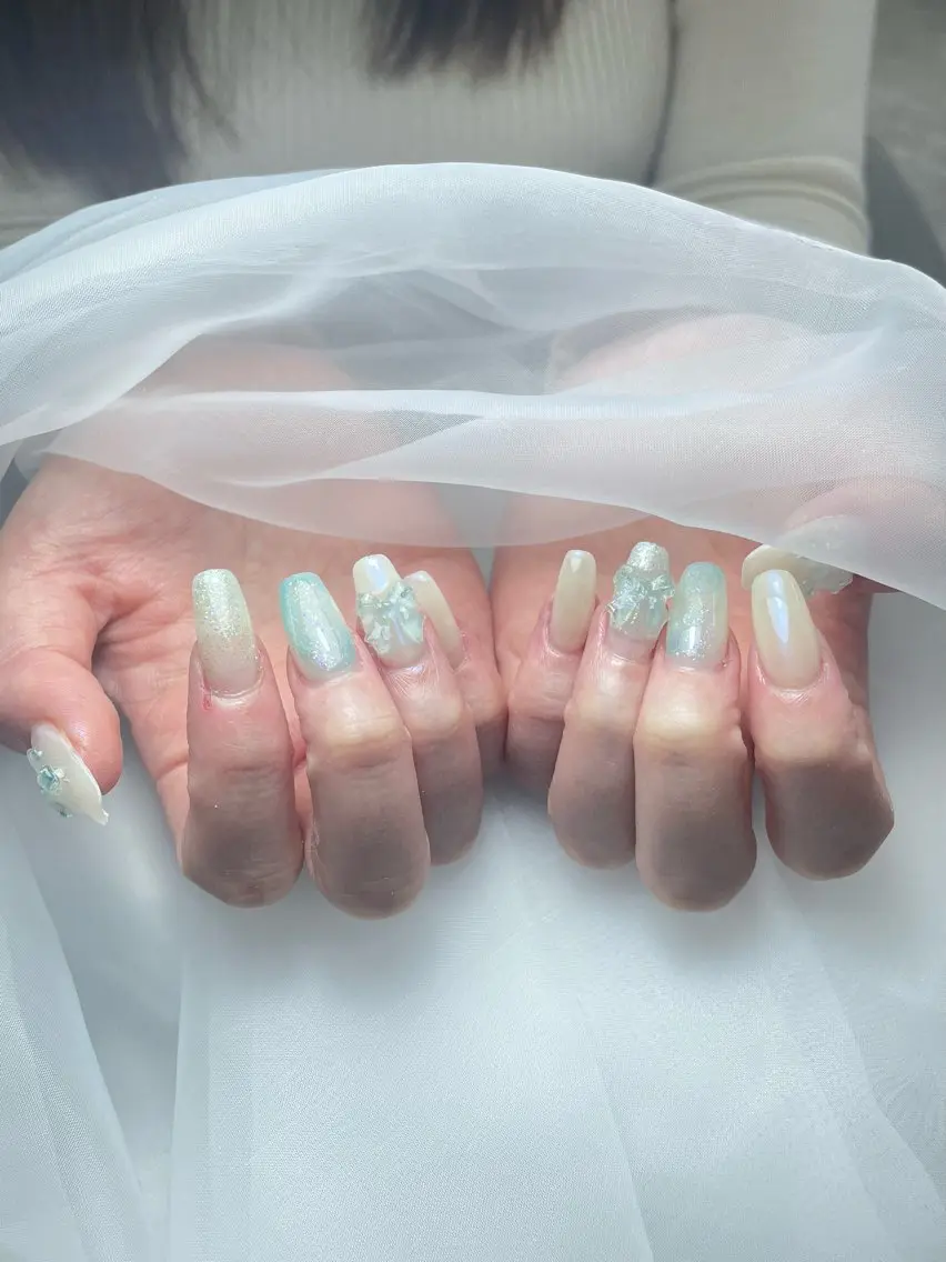 ネイル アートネイル 長さ出し ガーリー 韓国ネイル 持ち込み Rin Nail 新大久保店のネイルデザイン