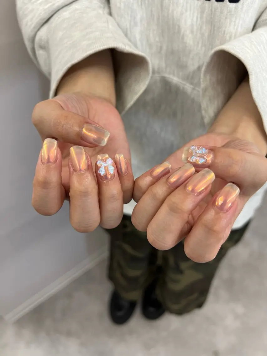 ネイル オーロラネイル ジェルネイル 韓国ネイル パラジェル リボン Bana_ Nailのネイルデザイン