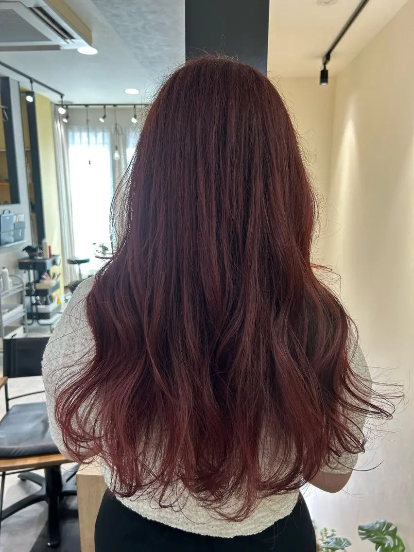 ロング カラー ブリーチ ボルドーカラー ダブルカラー ブリーチなしカラー カット ヘアカラー トリートメント hubhair レイヤー/透明感のヘアスタイル