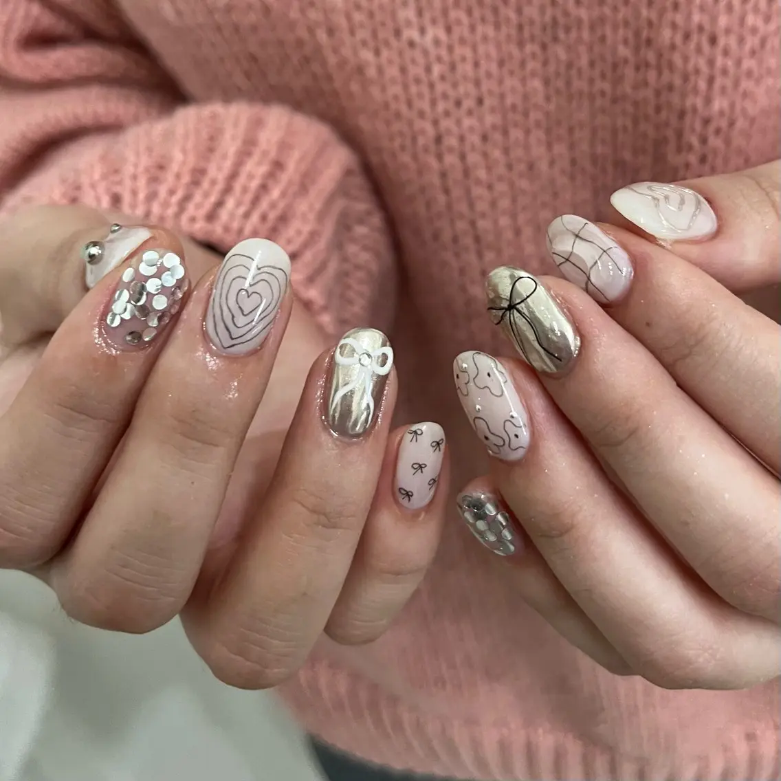 ネイル グリーン リボン ハンドネイル vegh. nail/阿波座のネイルデザイン