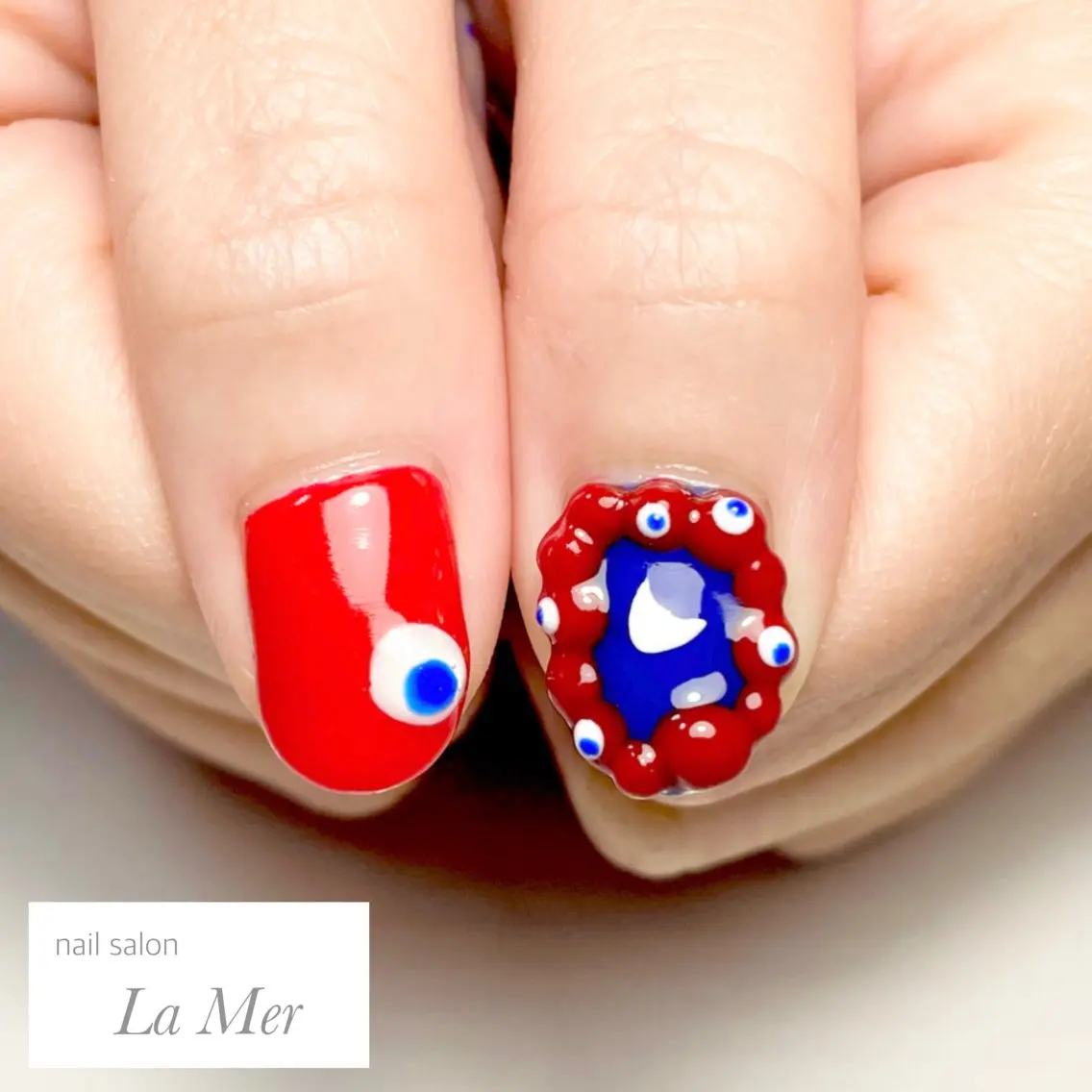 ネイル ブルー ドット 大理石ネイル(マーブル) 持ち込み ぷっくりネイル nailsalon La Merのネイルデザイン