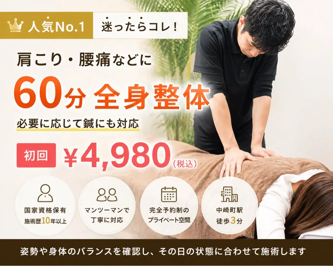 🥇人気No.1【肩こり・腰痛など身体の不調に】全身整体60分|必要に応じて鍼も対応 ¥4,980の写真