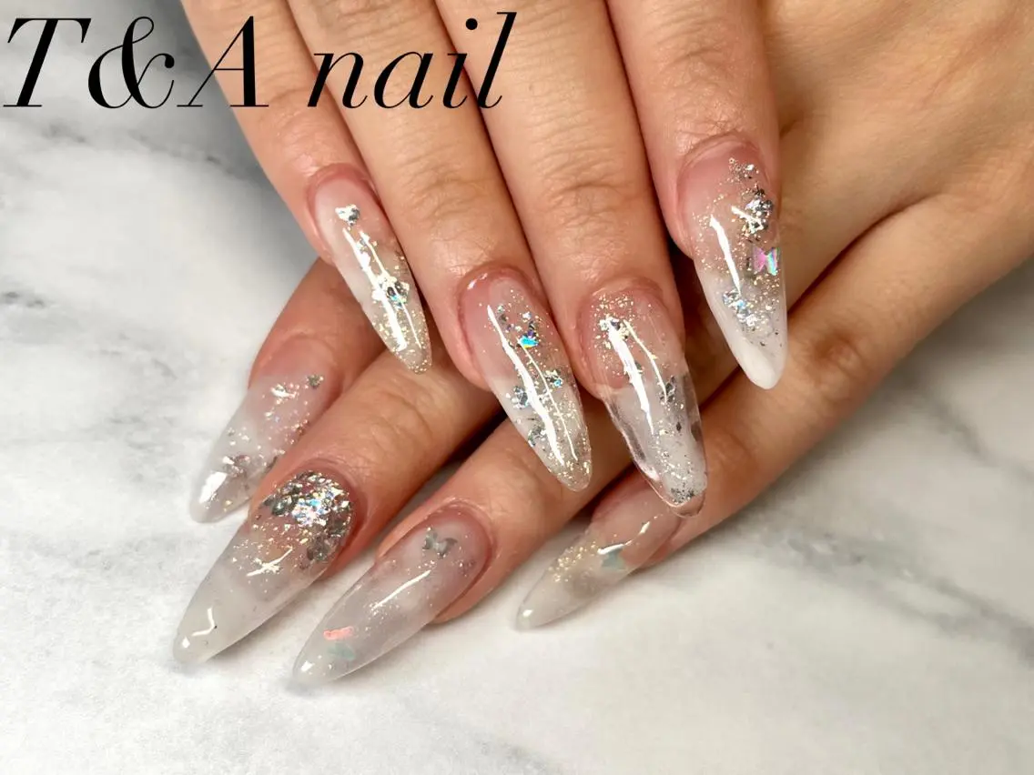 セミロング ネイル 長さ出し ジェルネイル キラキラネイル 大理石ネイル(マーブル) ニュアンスネイル T&A nailのネイルデザイン