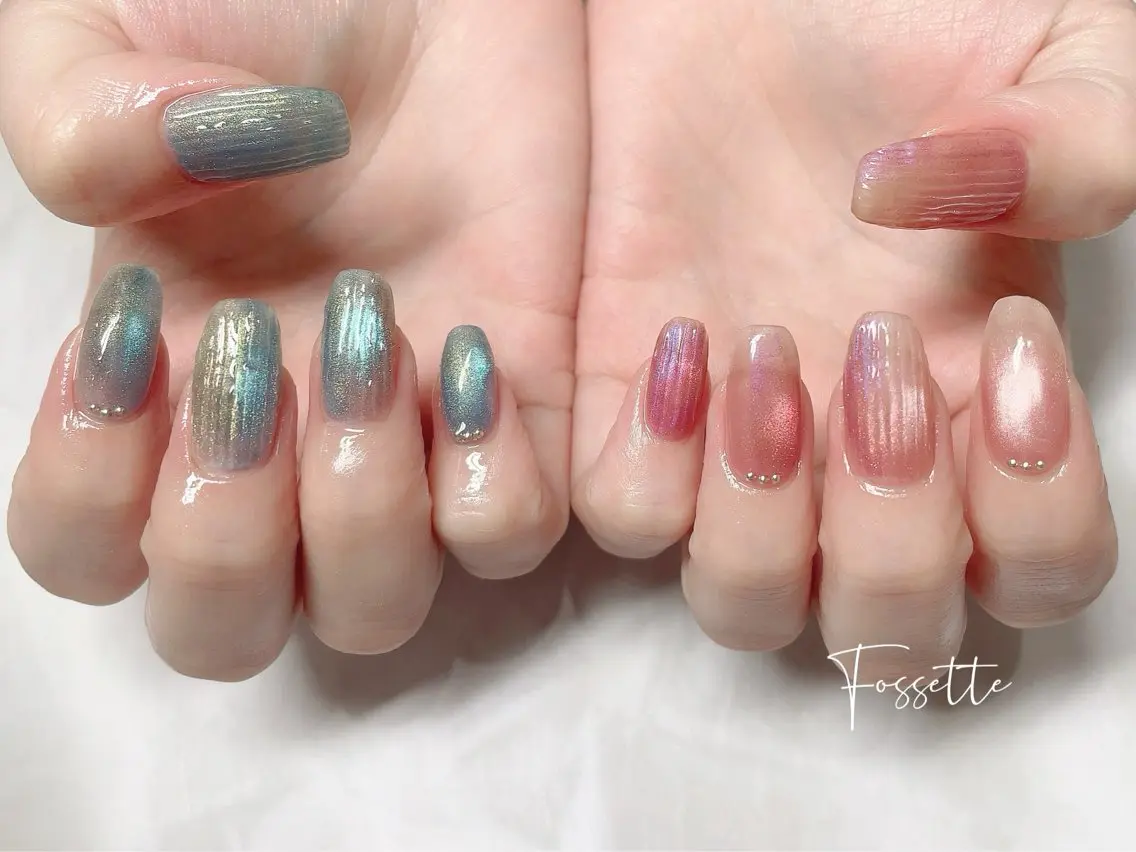 ネイル オーロラネイル クリアネイル キラキラネイル マグネットネイル 夏ネイル ハンドネイル nailsalon Fossetteのネイルデザイン