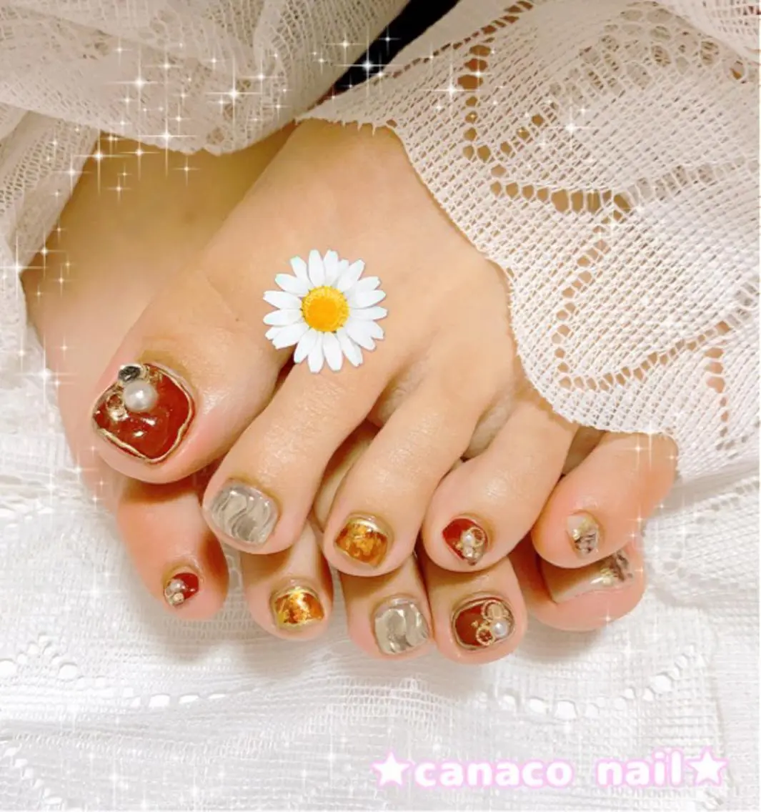 ネイル アートネイル べっ甲ネイル ボルドー フットネイル ジェルネイル ベテランネイル cnc  nailのネイルデザイン
