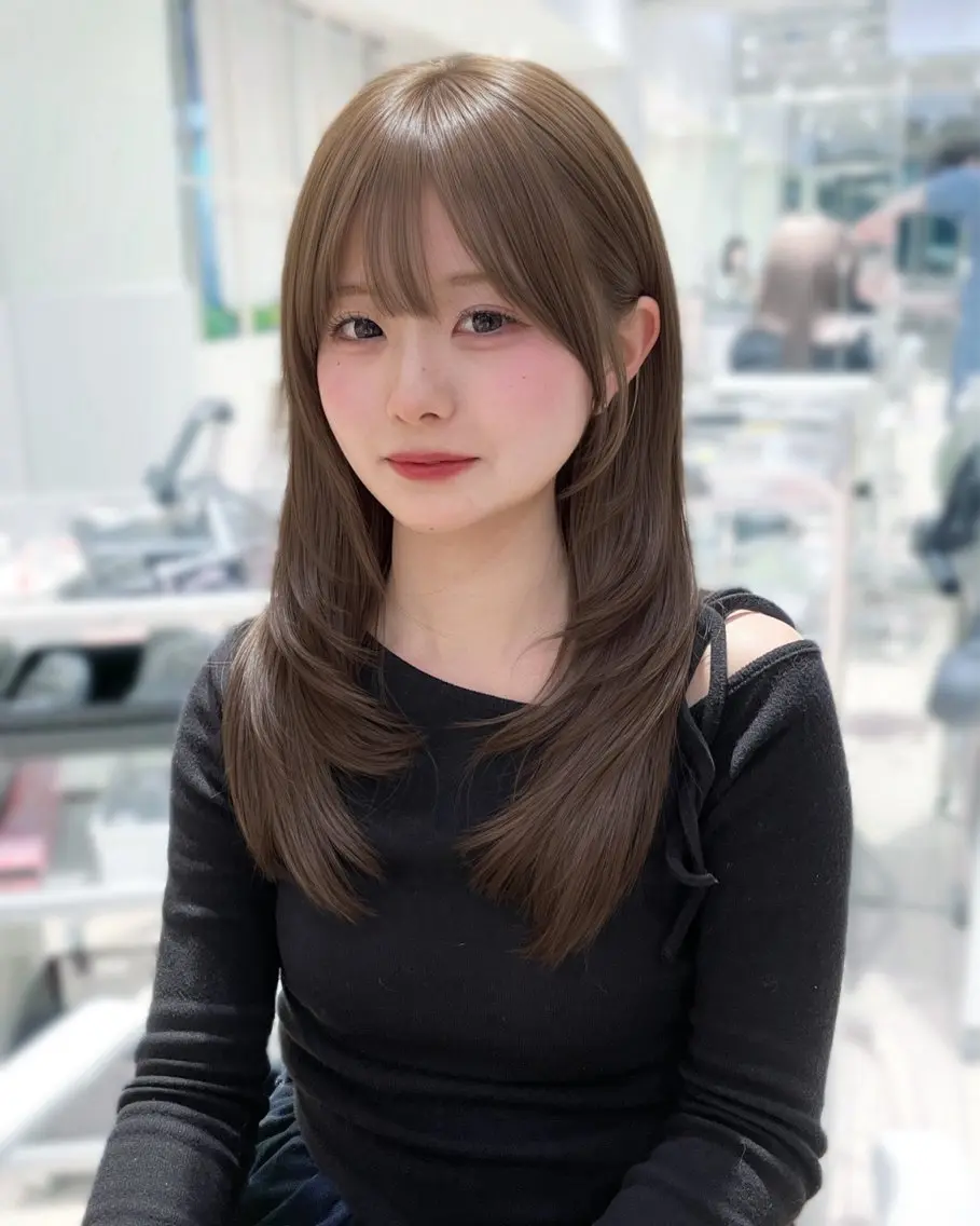 ロング カット ヘアカラー トリートメント 表参道小顔カット前髪 割れ改善クロスパーマのヘアスタイル