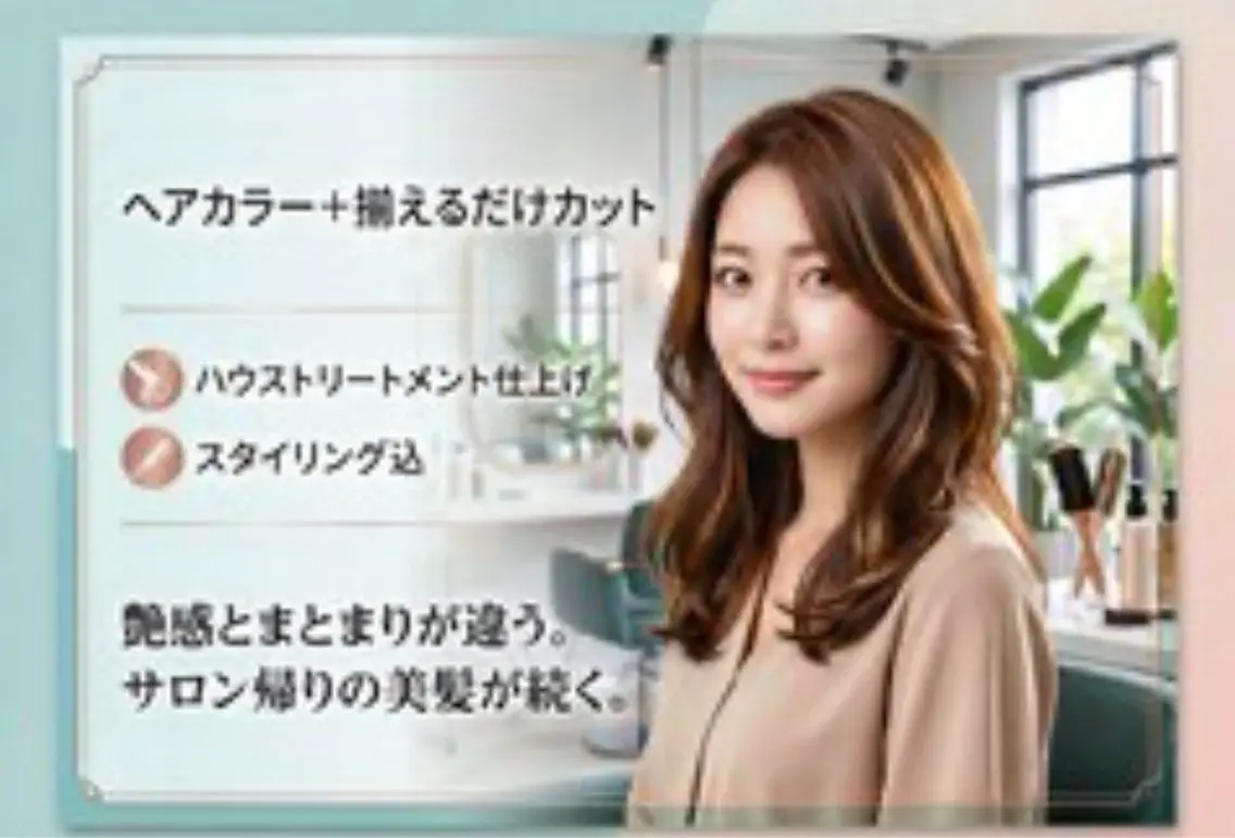 ヘアカラー＋揃えるだけカット　ハウストリートメント仕上げ　スタイリング込の写真