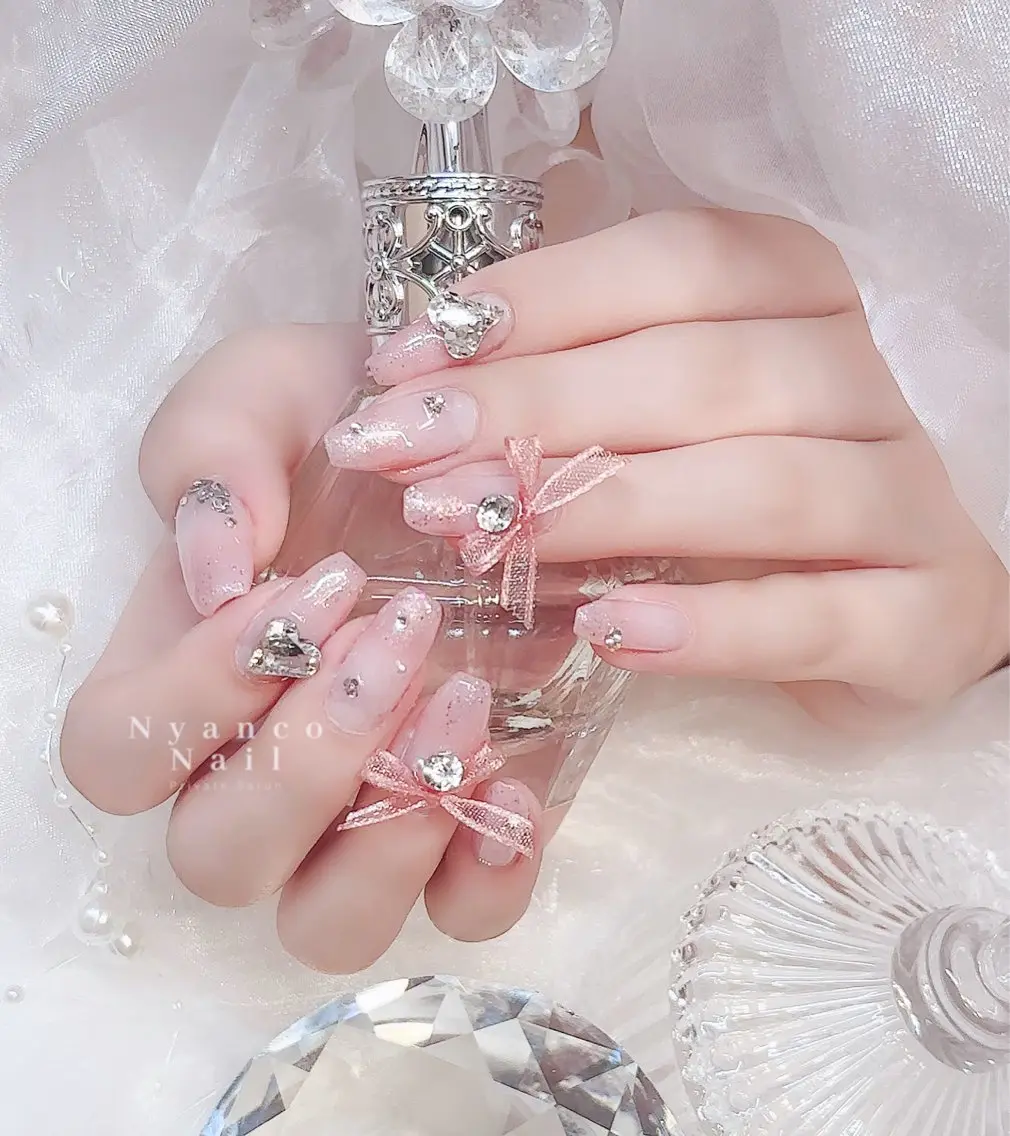 ネイル ジェルネイル ハート 氷ネイル・うるうるネイル キラキラネイル ピンク Nyanco Nailのネイルデザイン