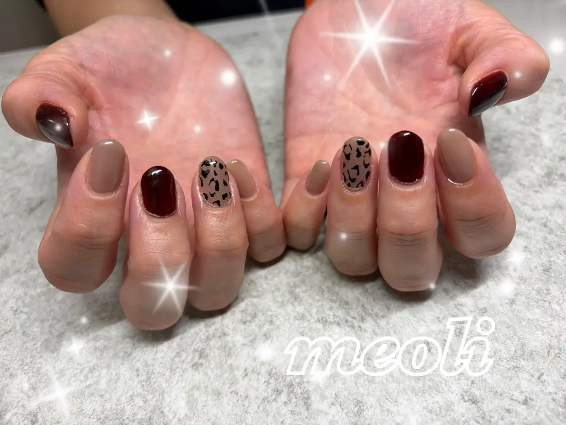 ネイル アニマル柄 ボルドー シンプルネイル ハンドネイル nail salon meoli　アヤのネイルデザイン