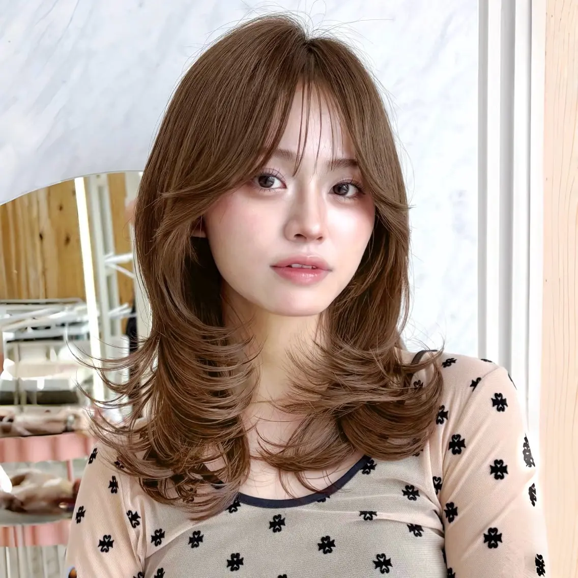 ミディアム カット ヘアカラー トリートメント かなこ/ミディアム レイヤー／ワンカールのヘアスタイル