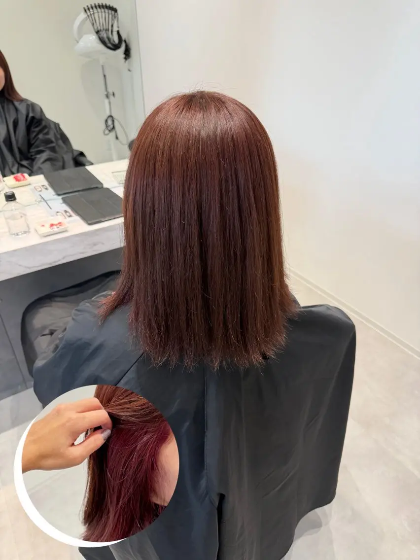 ミディアム カラー ブリーチ ブラウンカラー ダブルカラー ブリーチなしカラー ピンクカラー ヘアカラー 岡田 詠のヘアスタイル