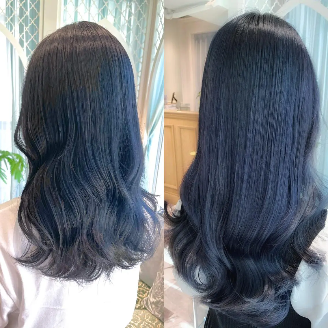 カラー 黒髪 ブルーカラー ブルーブラック ヘアカラー 木屋元一/透明感 /前髪/レイヤーのヘアスタイル