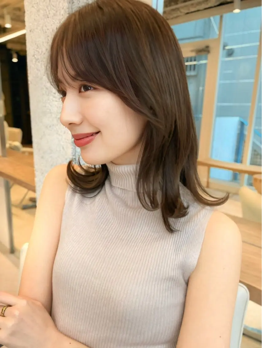 ミディアム カット 縮毛矯正/小顔前髪 ボブ 秋本凌汰のヘアスタイル