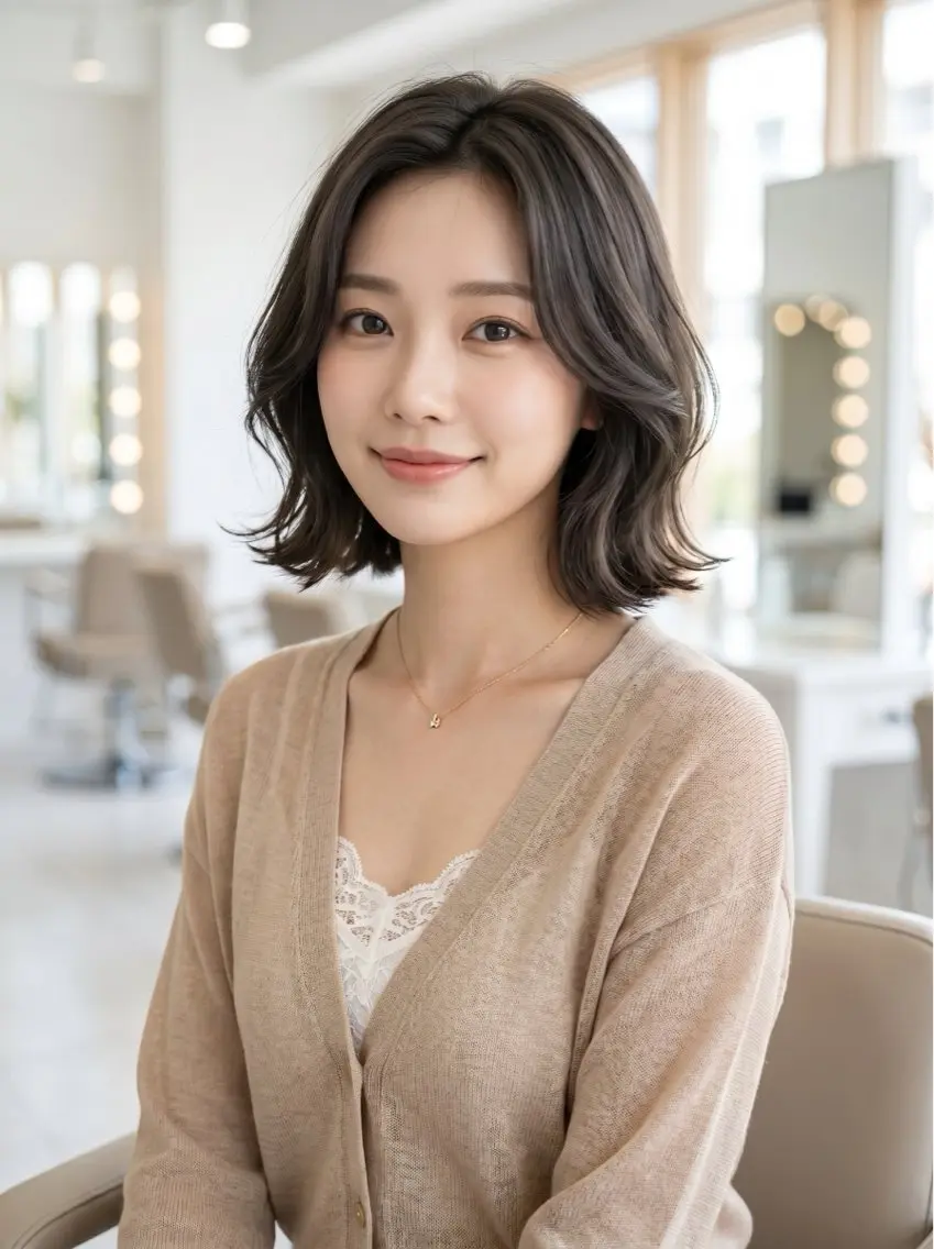 ミディアム カラー ボブレイヤー 透明感カラー グレージュ ボブ 顔まわりレイヤー カット ヘアカラー トリートメント 韓国レイヤーカット× 髪質改善ラビマーニのヘアスタイル