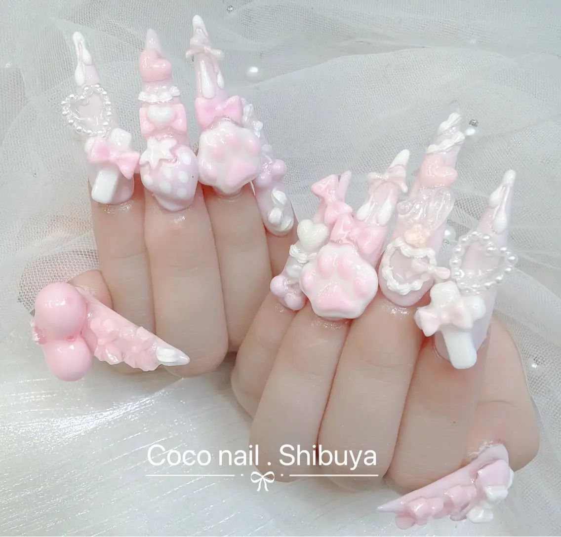 ロング カラー ピンクカラー ロング ハンドネイル CoCo Nail 長さ出し専門店のネイルデザイン