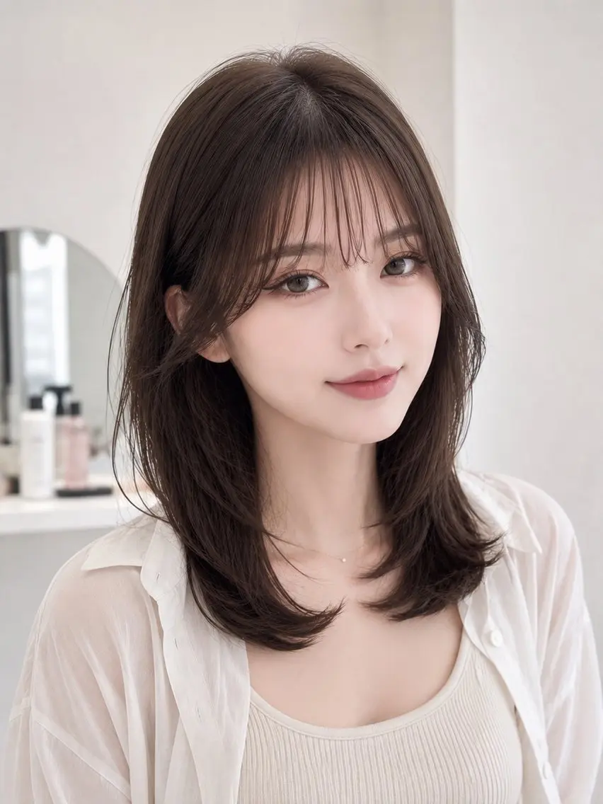 ミディアム ボブ 髪質改善 韓国風ヘア レイヤーカット 縮毛矯正 カット ヘアカラー 髪質改善/レイヤー/ 佐藤　舞🌷🫧のヘアスタイル