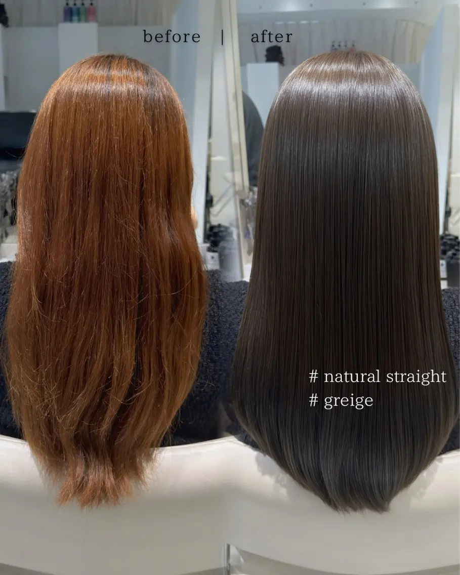 ロング カラー パーマ 透明感カラー グレージュ オレンジ ロング 縮毛矯正 カット ヘアカラー 縮毛矯正 トリートメント ヘッドスパ ヘアセット レイヤーカット/縮毛 ‎矯正/川添桃花‎のヘアスタイル