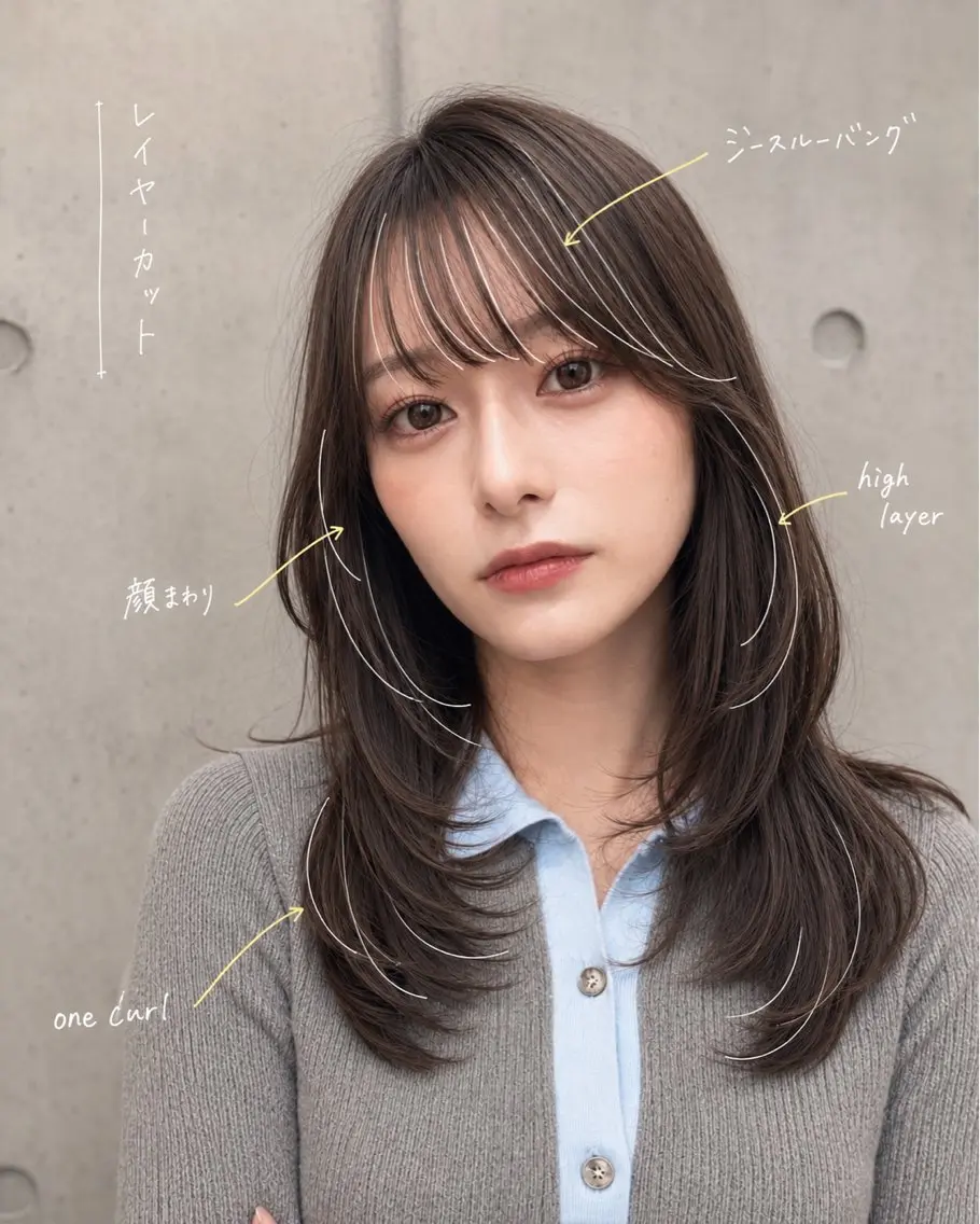 セミロング カラー ヘアアレンジ グレージュ くびれヘア ハッシュカット ハイレイヤー 韓国風ヘア カット ヘアカラー トリートメント 🌫️大人韓国ヘア 🌫️naoyaのヘアスタイル