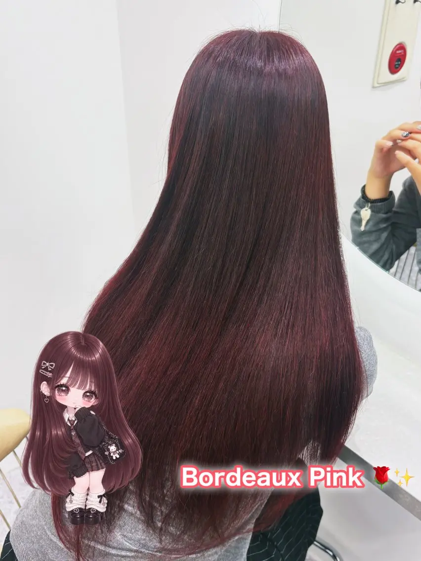ロング カラー ボルドーカラー momo /ブリーチなしピンクのヘアスタイル
