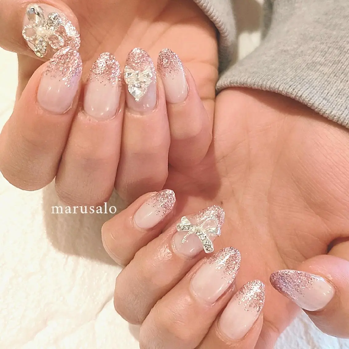 ネイル フラワーネイル グラデーション ハート ラメ(グリッター) ピンク ハンドネイル marusalo nailのネイルデザイン