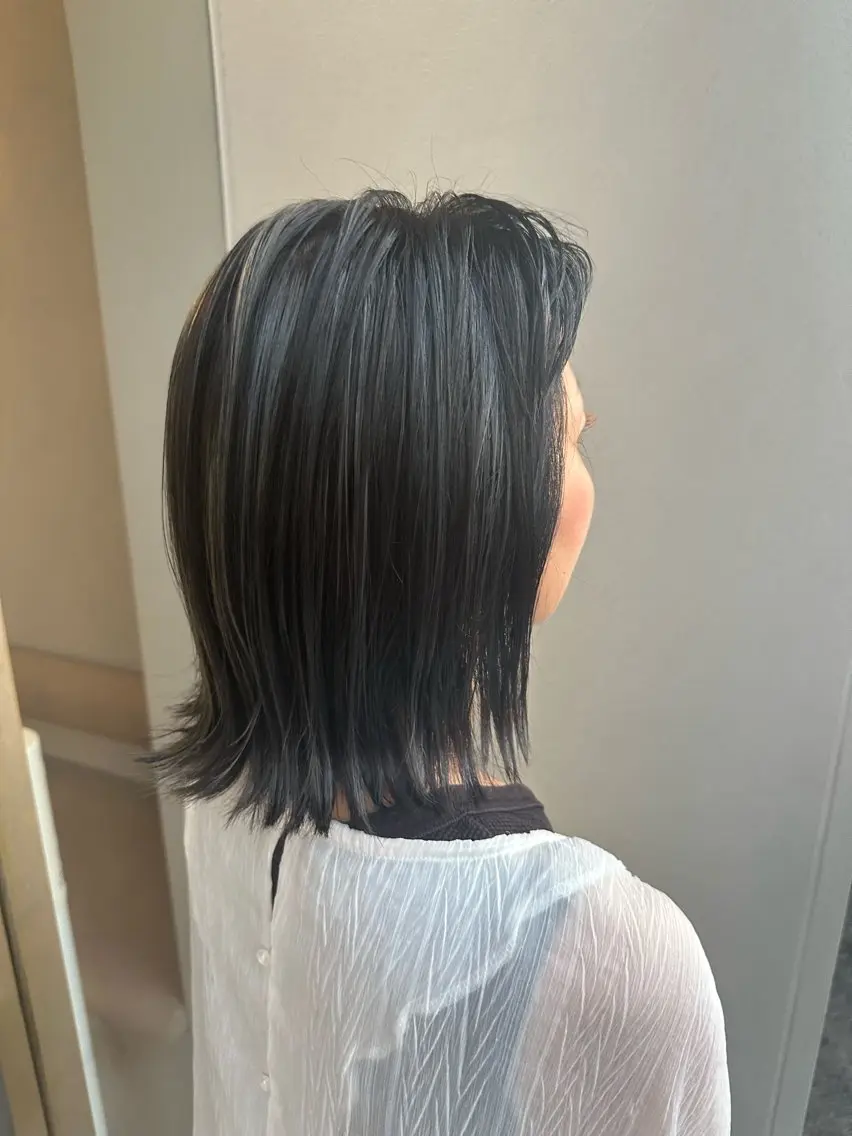 カラー 黒髪 ブルーカラー ブルーブラック ハイライトカラー シルバー 内田 成美のヘアスタイル