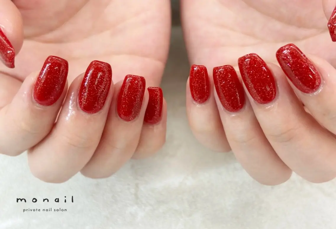 ネイル ワンカラーネイル 赤色 ハンドネイル nail salon monailのネイルデザイン