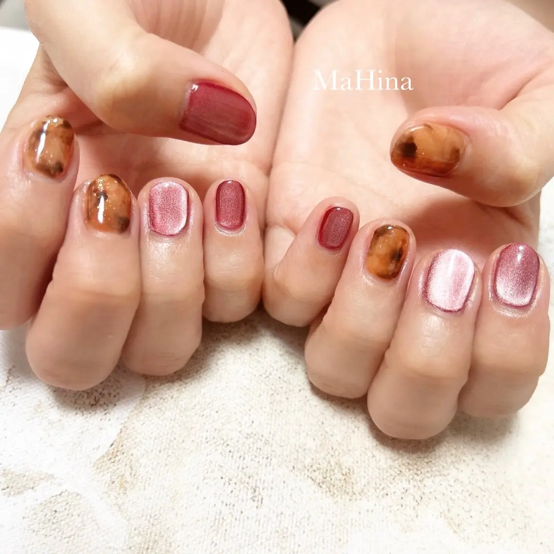 ネイル べっ甲ネイル ボルドー ジェルネイル マグネットネイル ニュアンスネイル ハンドネイル Le Vernis MaHina・まひなのネイルデザイン