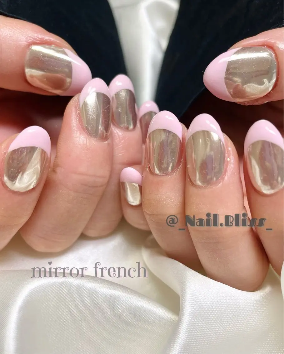 ネイル フレンチネイル 氷ネイル・うるうるネイル ミラーネイル ピンク ハンドネイル NAIL BLISSのネイルデザイン