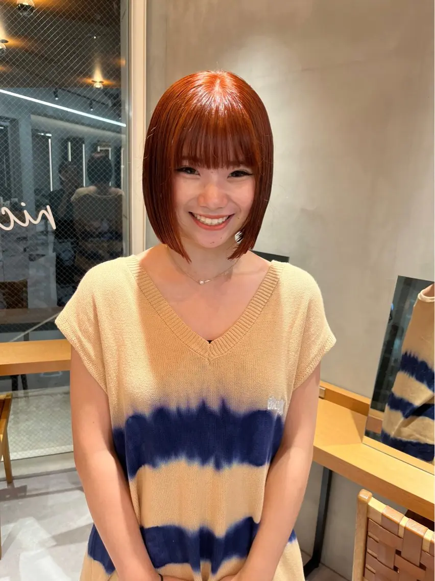 ミディアム カラー 縮毛矯正ボブ&顔まわ レイヤー♡TOMOEのヘアスタイル