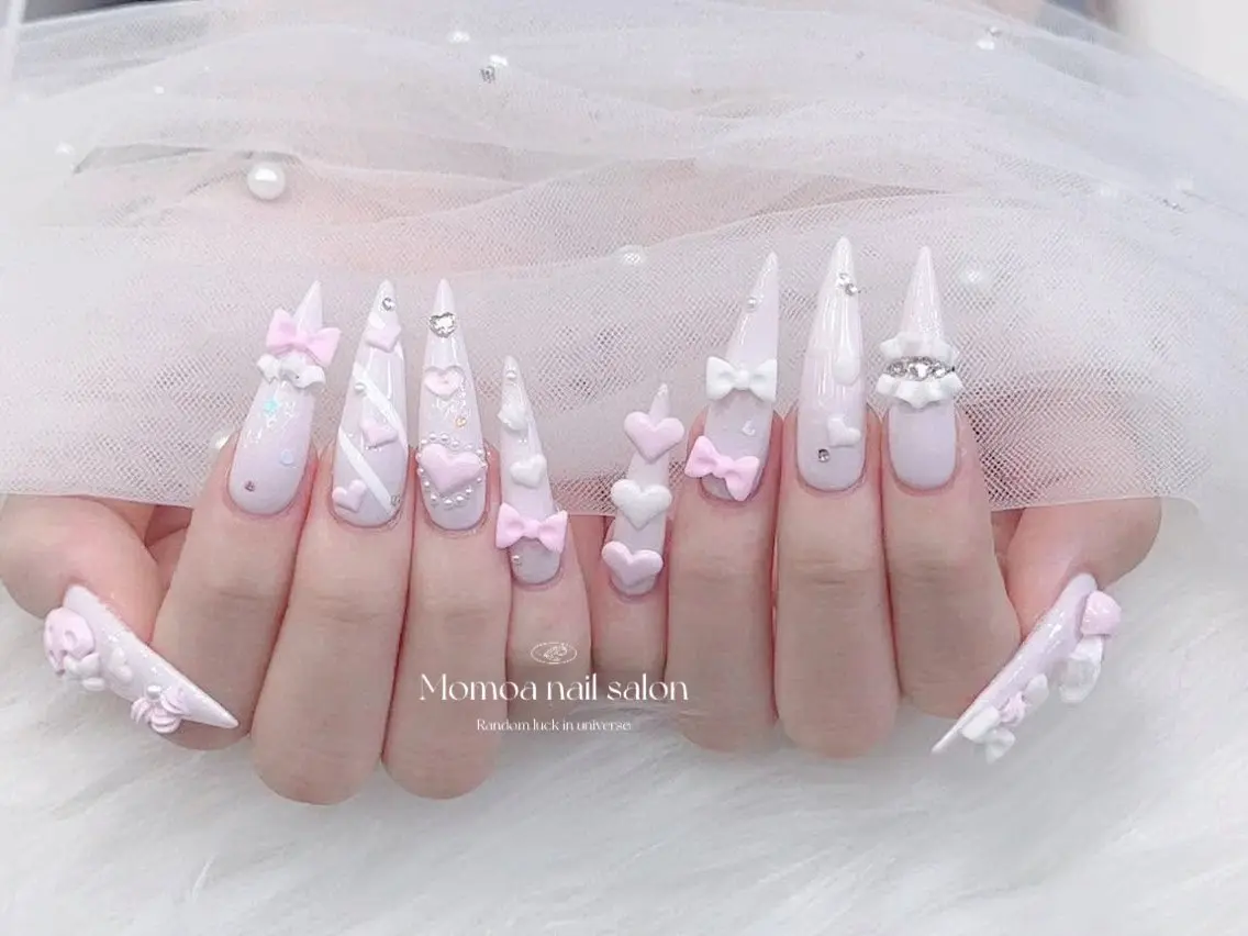 ネイル 成人式 大理石ネイル(マーブル) リボン 夏ネイル ネイルチップ ハンドネイル MoMoA Nail ネイル長さ出し専門店のネイルデザイン