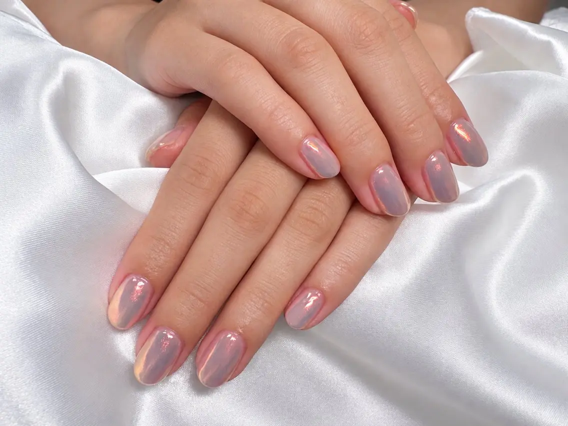 ネイル オーロラネイル オレンジ ピンク シンプルネイル VI NAILのネイルデザイン