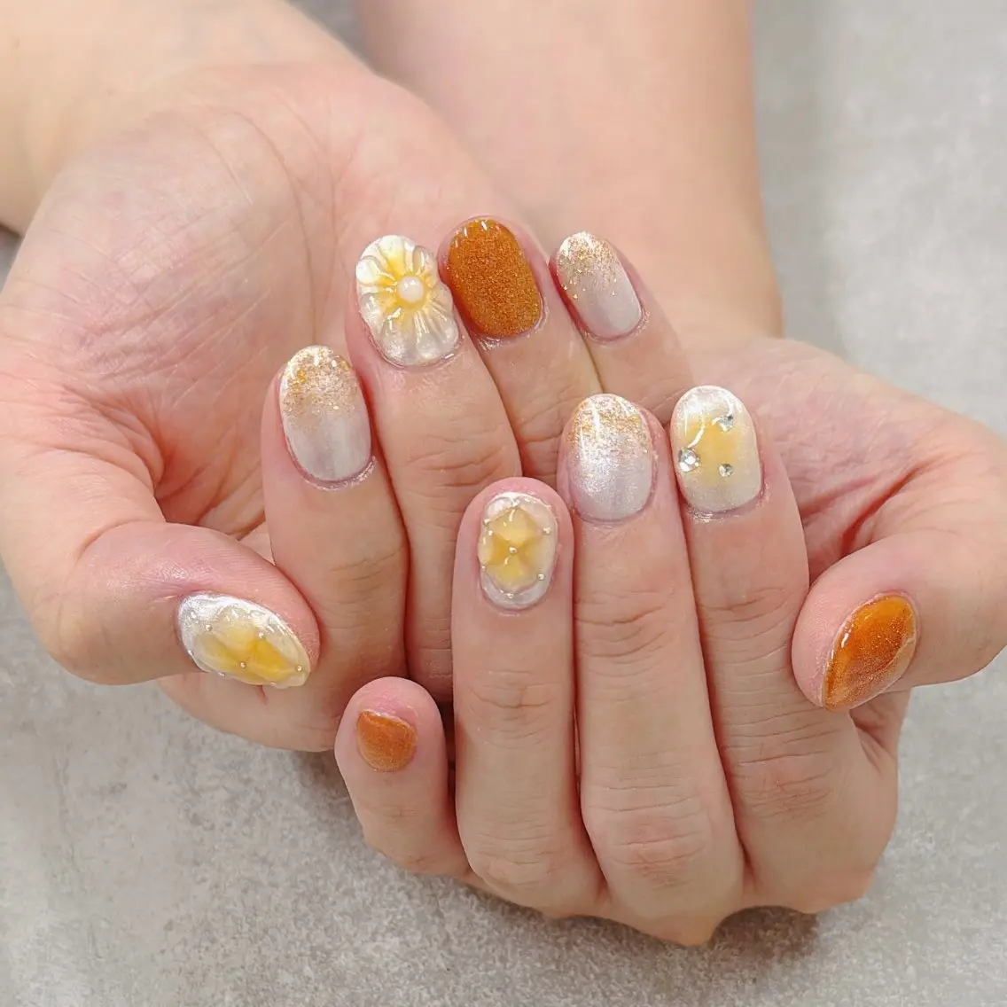 ネイル チークネイル ジェルネイル マグネットネイル オレンジ ハンドネイル Monica nails/福島のネイルデザイン