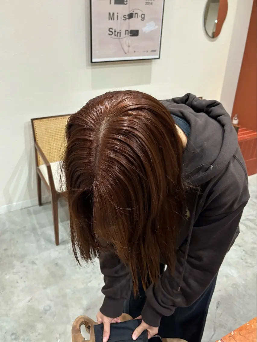 ミディアム カラー ブリーチ ブラウンカラー ダブルカラー ブリーチなしカラー オレンジ キョウコ/伏見/ 透明感カラーのヘアスタイル