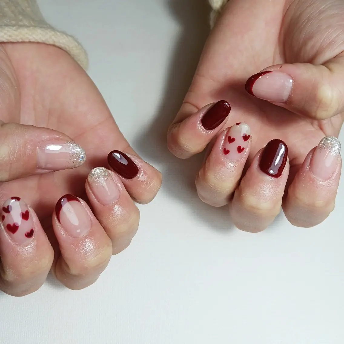 ネイル ボルドー ブラウン フレンチネイル ジェルネイル ハート ハンドネイル owlnail /持込みデザイン専門のネイルデザイン