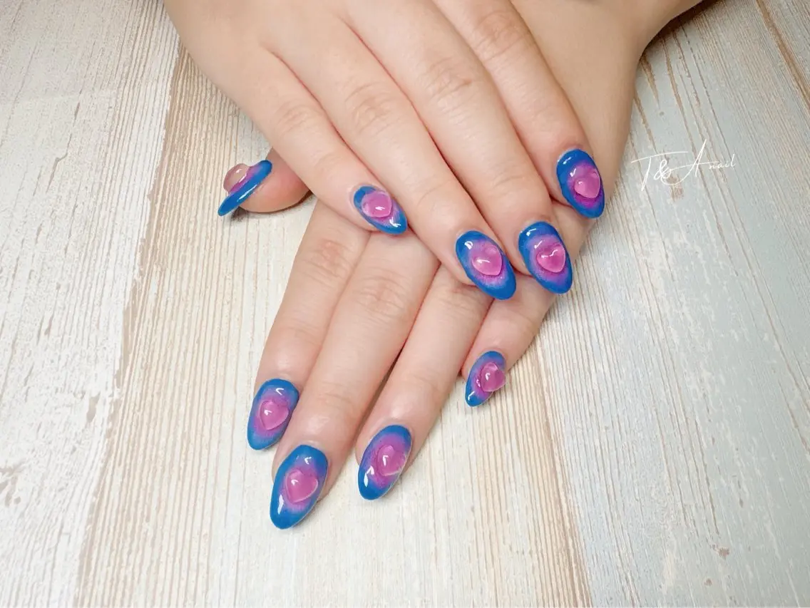 ネイル ブルー チークネイル ジェルネイル ハート スカルプネイル T&A nailのネイルデザイン