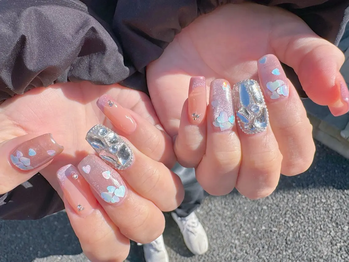 ネイル ブルー ハート ホログラムネイル ラメ(グリッター) ロングネイル ハンドネイル Nail Salon K&Rのネイルデザイン