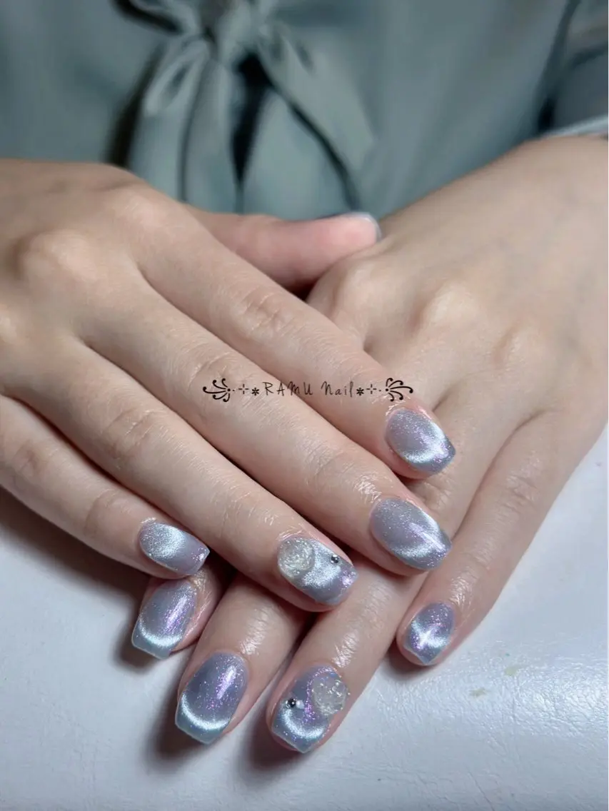 ネイル キラキラネイル マグネットネイル ミラーネイル ピンク 夏ネイル ハンドネイル RAMU Nail 恵比寿店のネイルデザイン