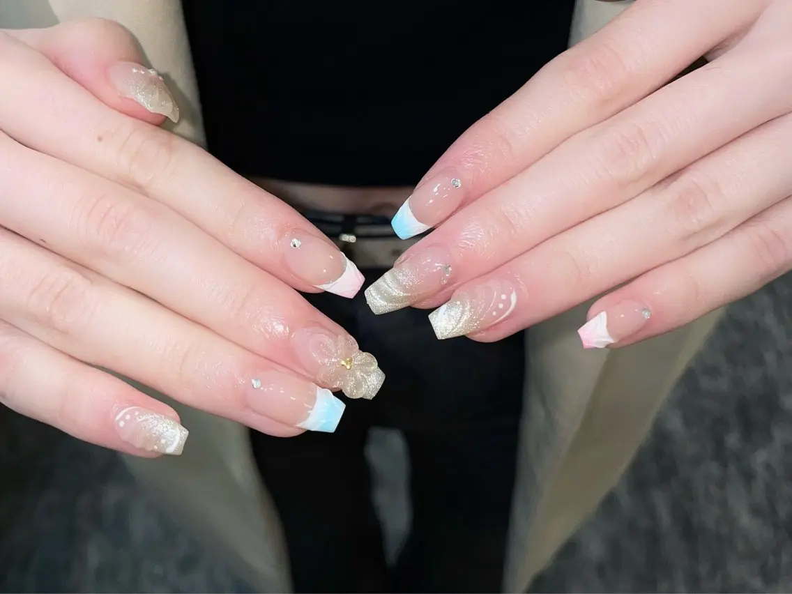 ネイル ガーリー ハート 韓国ネイル ニュアンスネイル リボン ハンドネイル Sora nail 長さ出し専門店のネイルデザイン