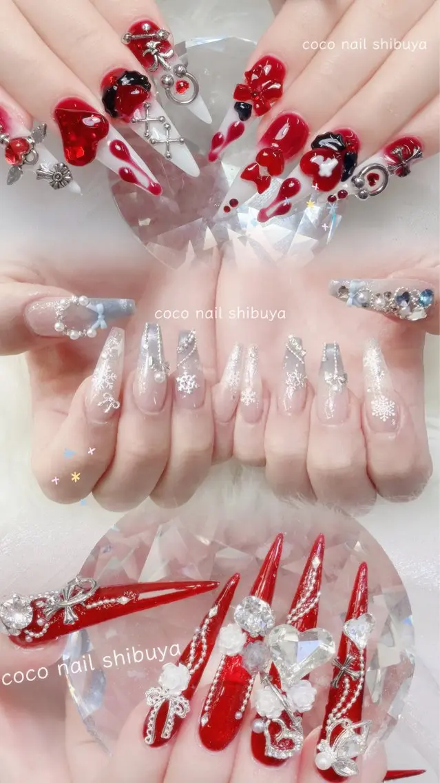 ネイル 成人式 大理石ネイル(マーブル) リボン 夏ネイル ネイルチップ ハンドネイル CoCo Nail 長さ出し専門店のネイルデザイン