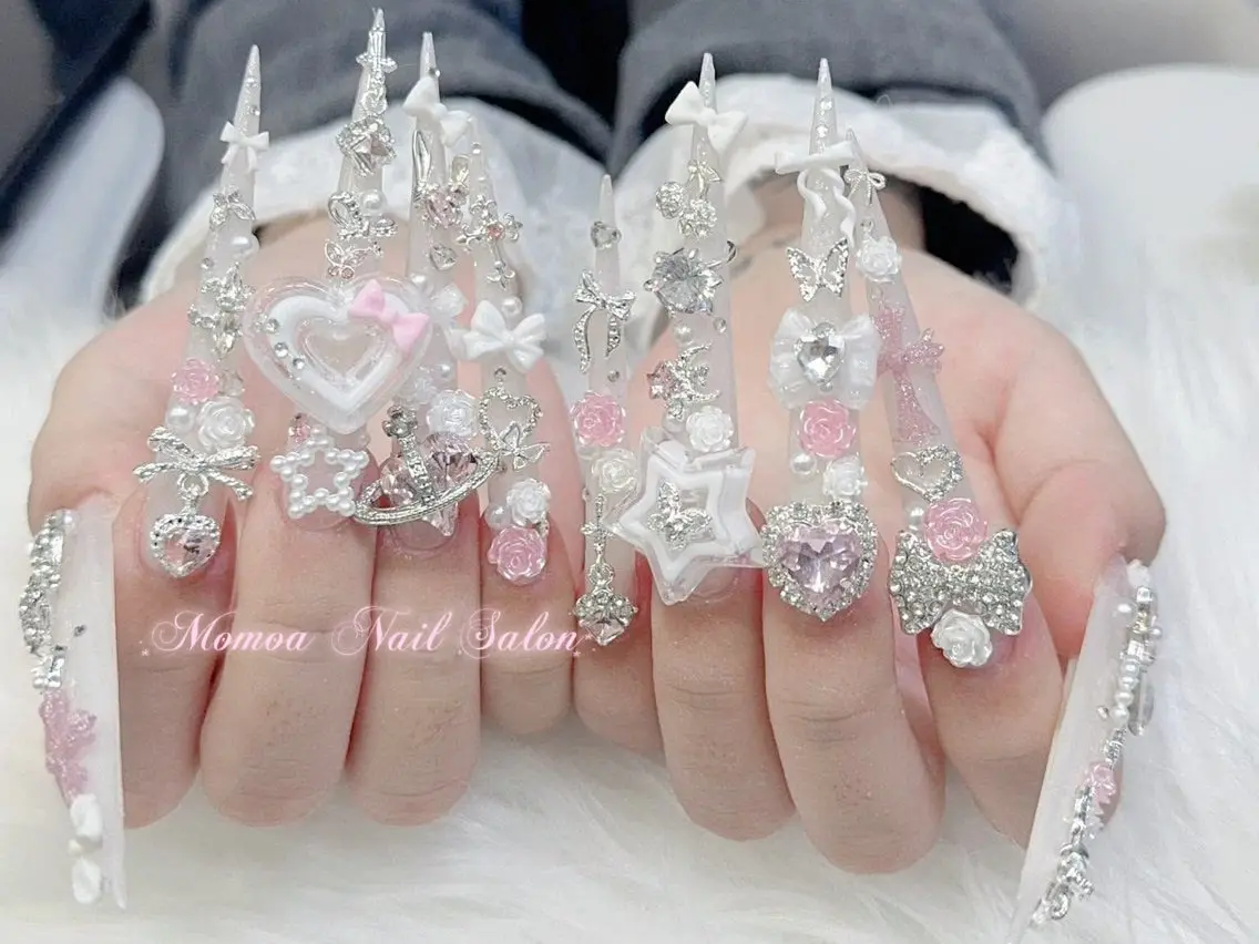 ネイル 成人式 大理石ネイル(マーブル) リボン 夏ネイル ネイルチップ ハンドネイル MoMoA Nail ネイル長さ出し専門店のネイルデザイン